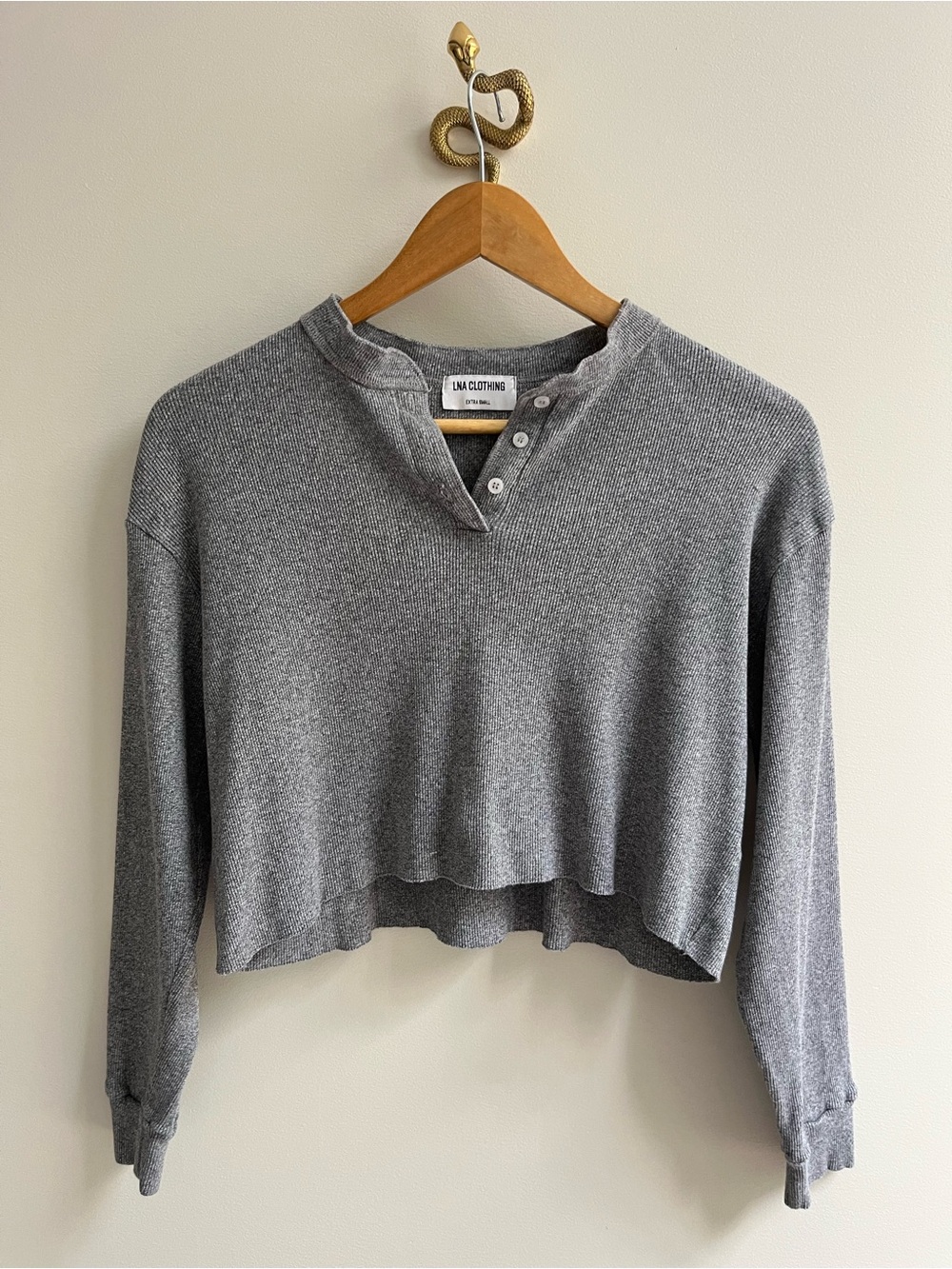 LNA Clothing Malo Cotton Ribbed Long Sleeve Crop Henley Top Gray XS